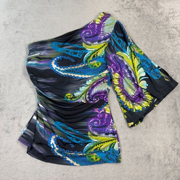 NEW Vintage Cache Ruched One-Shoulder Top Paisley Statement Blouse Y2K Stretch - Picture 2 of 9